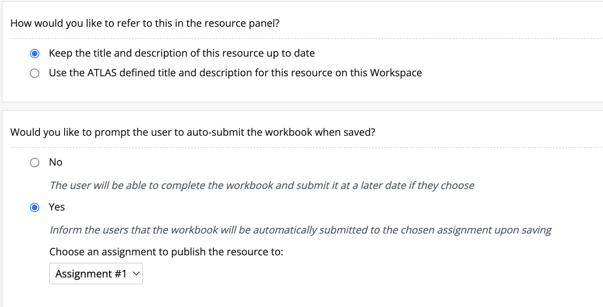 Manage the selected resource page – Auto-submit settings