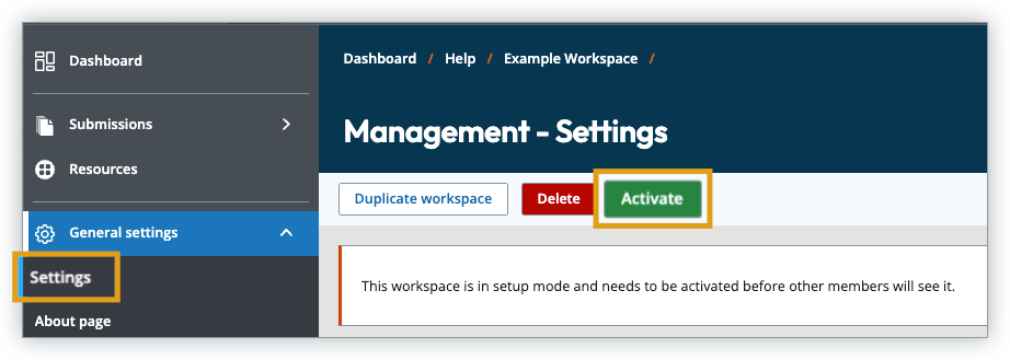 ATLAS Management settings with Activate button highlighted. Screenshot image of ATLAS General settings. The Management - Settings window shows a green Activate button highlighted at the top of the page.
