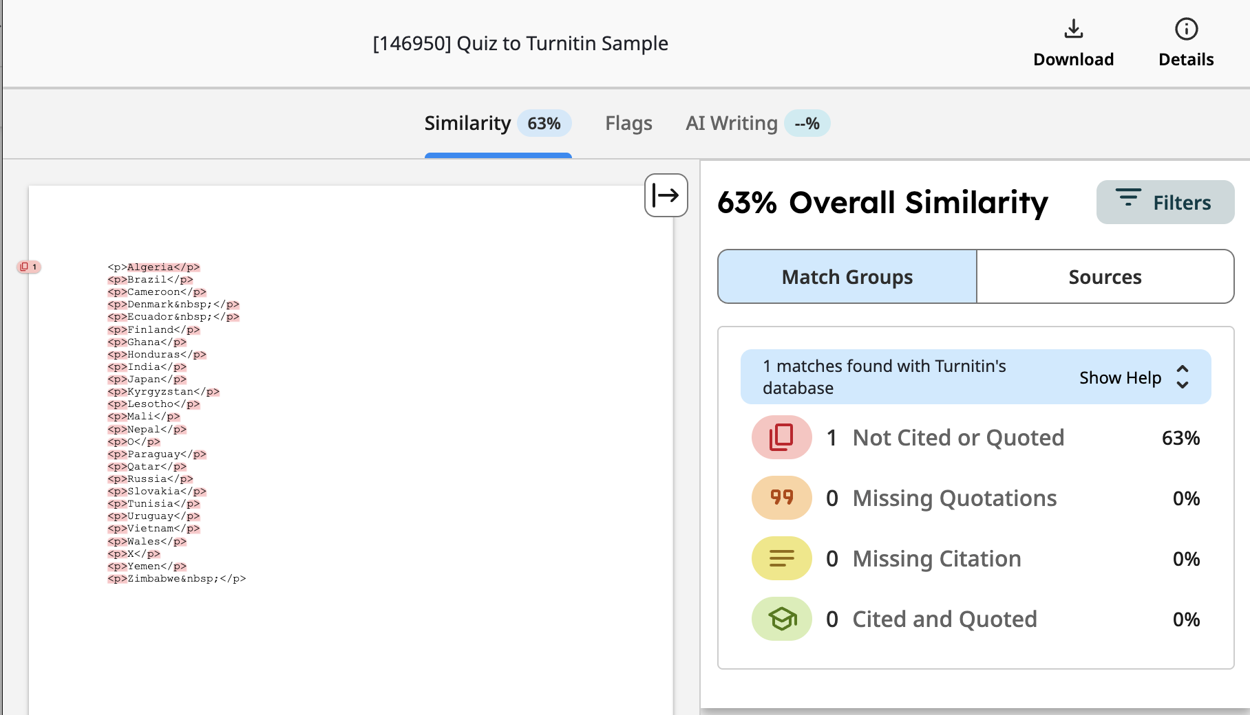 Screenshot of Turnitin Similarity Report in Turnitin. On the right, there is a overall similarity percentage, and a list of matches that Turnitin has found.