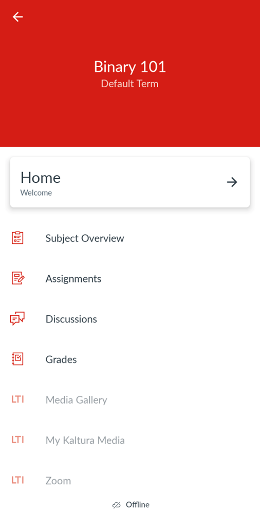 Subject content in Offline mode Screenshot of Canvas Student app - subject content in offline mode