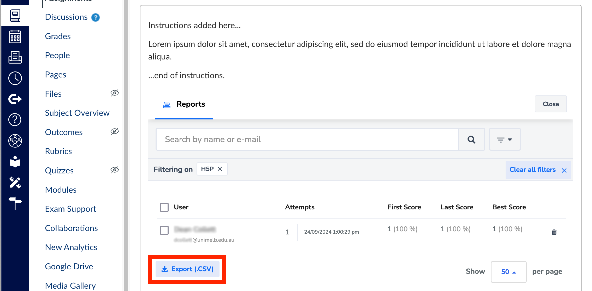 Location of H5P Export (.CSV) button Screenshot of Canvas interface - location of H5P Export (.CSV) button