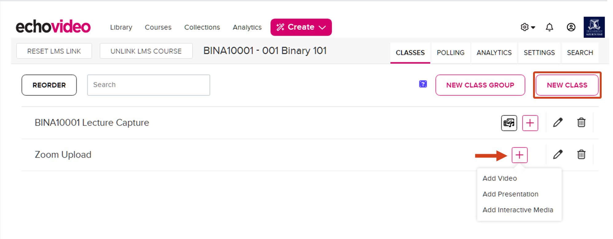 Set-up new classes and upload videos Screenshot of Canvas LMS interface - location of the Add button