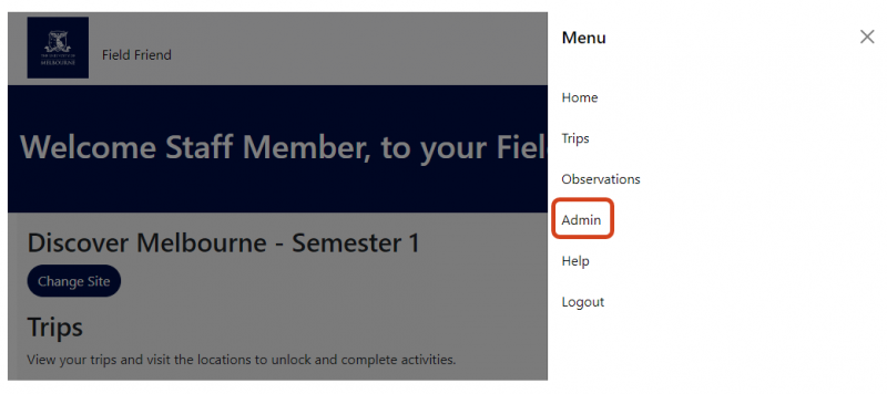 Admin option on the hamburger menu