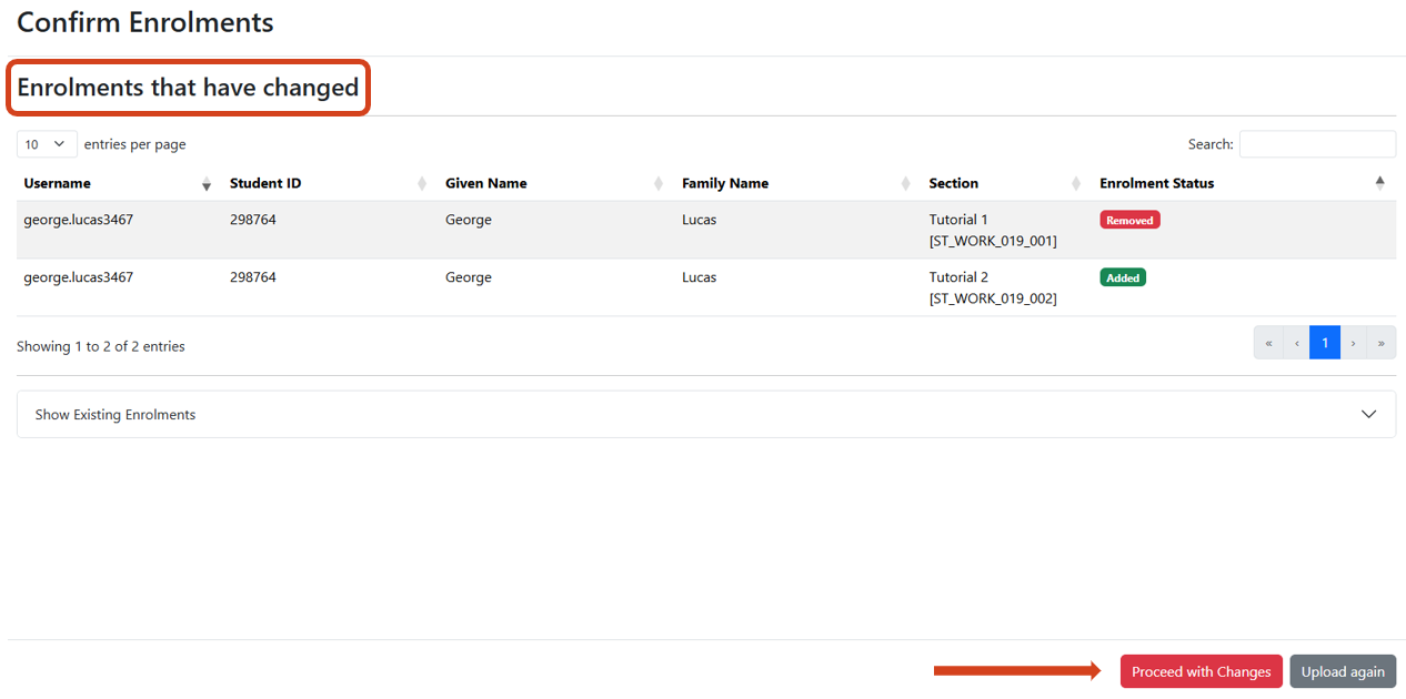 Review enrolment changes – Single Dropdown method Image showing the updates to section enrolments, and the options to proceed with changes and upload again located via the buttons in the bottom right corner
