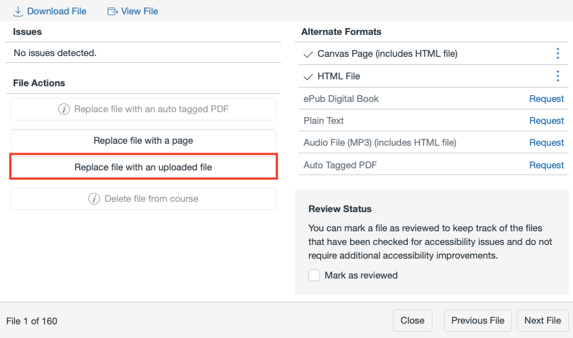 Replace file with an uploaded file button Screenshot of UDOIT interface - replace file with an uploaded file button highlighted