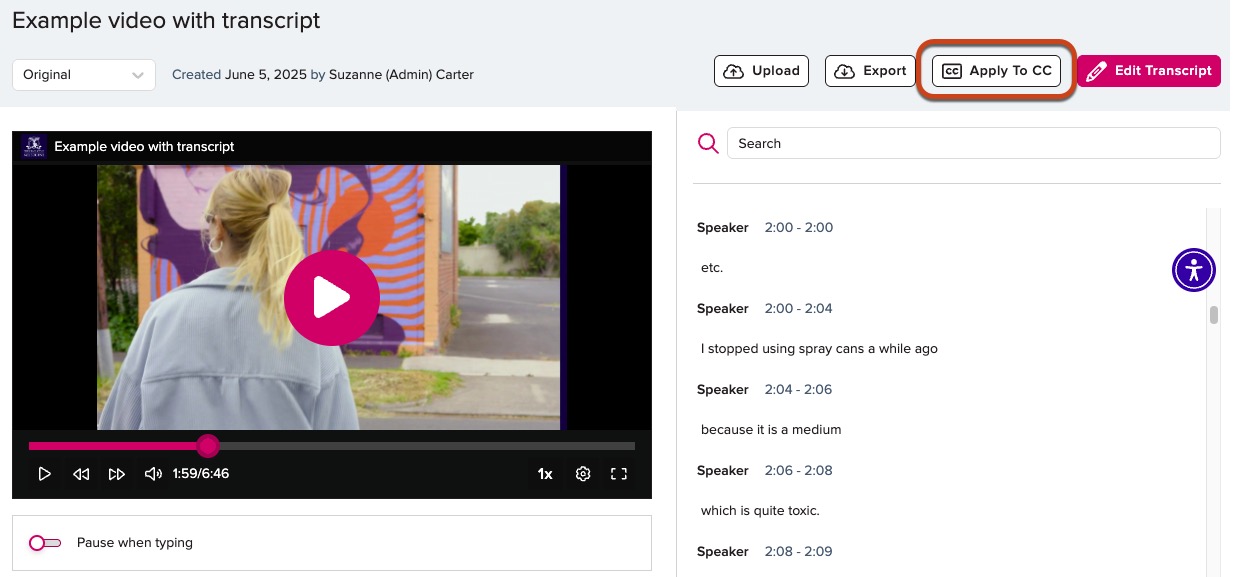 Screenshot of EchoVideo interface - Apply to closed captions button highlighted