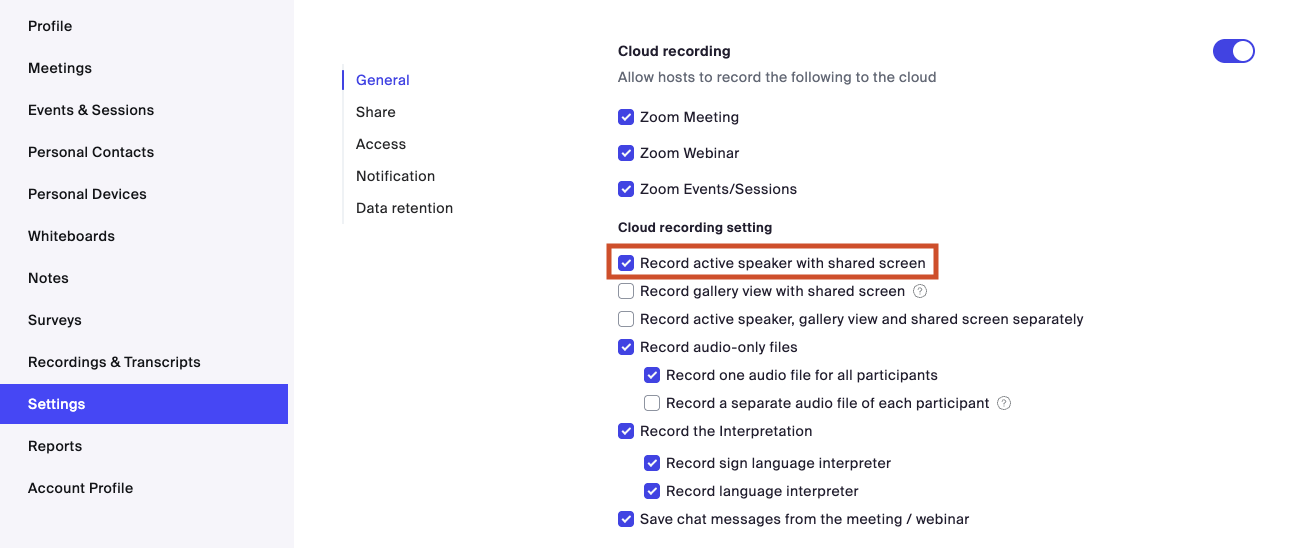 Record active speaker with shared screen option in Zoom settings Screenshot of Zoom settings. Focus is on the Record active speaker with shared screen option, which has been switched on.