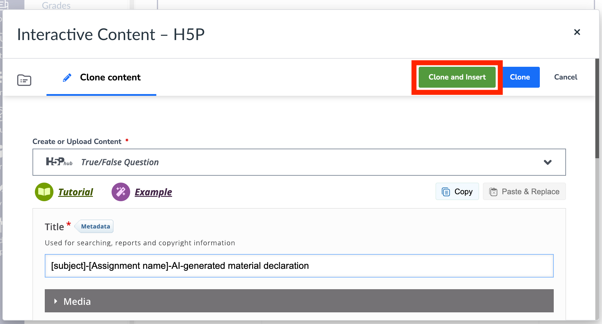 Location of Clone and Insert button Screenshot of Canvas interface - location of Clone and Insert button