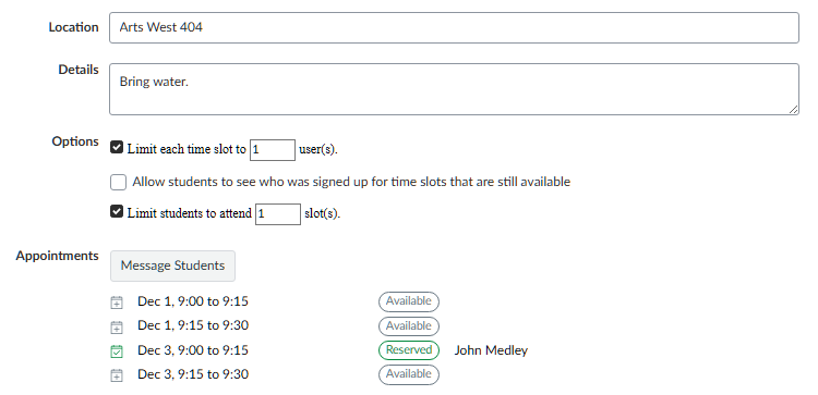 Appointment Group Details: Edit Screenshot of the the Group Details menu, with available options to modify Appointment location, details, time slots, and message students. Options to modify values for limiting students per time slot and limiting time slots per student are also available.
