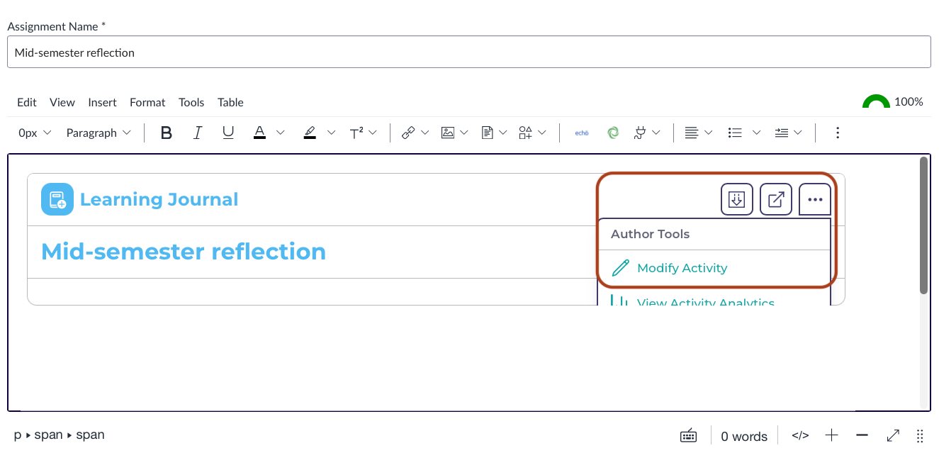 The Modify Activity button in Stackle Screenshot of the edit page for a Canvas Page highlighting the Modify Activity option in the Stackle iFrame.