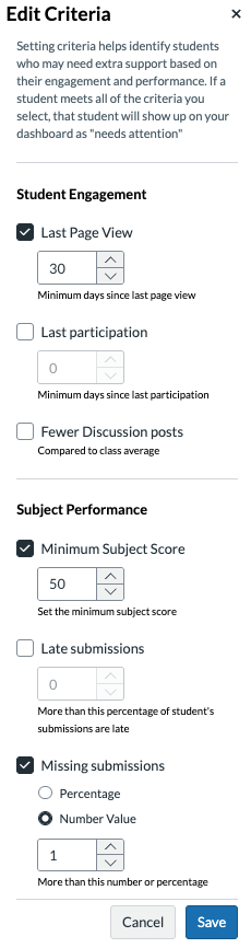 Edit criteria appears on the right hand side. When clicked, Student Engagement and Subject Performance is listed. Further criterion in Student Engagement includes Last Page View, Last Participation and Fewer Discussion Posts. Further criterion in Subject Performance includes Minimum Subject Score, Late submissions and Missing submissions.