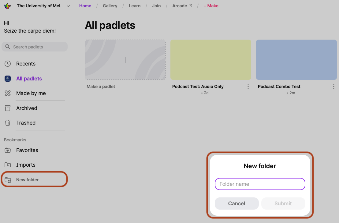 Create folders via the dashboard Screenshot of the Padlet dashboard with the “New Folder” icon highlighted, showing a pop-up prompt to enter a name for the new folder.