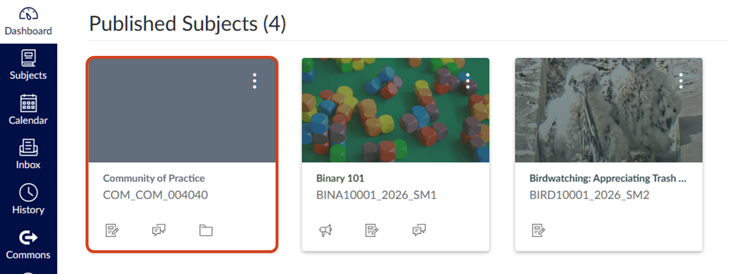 LMS Dashboard Screenshot of the LMS Dashboard with thumbnails of Published Subjects. On the left-side, a community titled “Community of Practice”, with the subject code COM_COM_004040, has been highlighted.