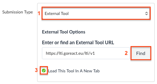 Canvas submission type configuration indicating external tool GoReact and Load in new Tab checked.