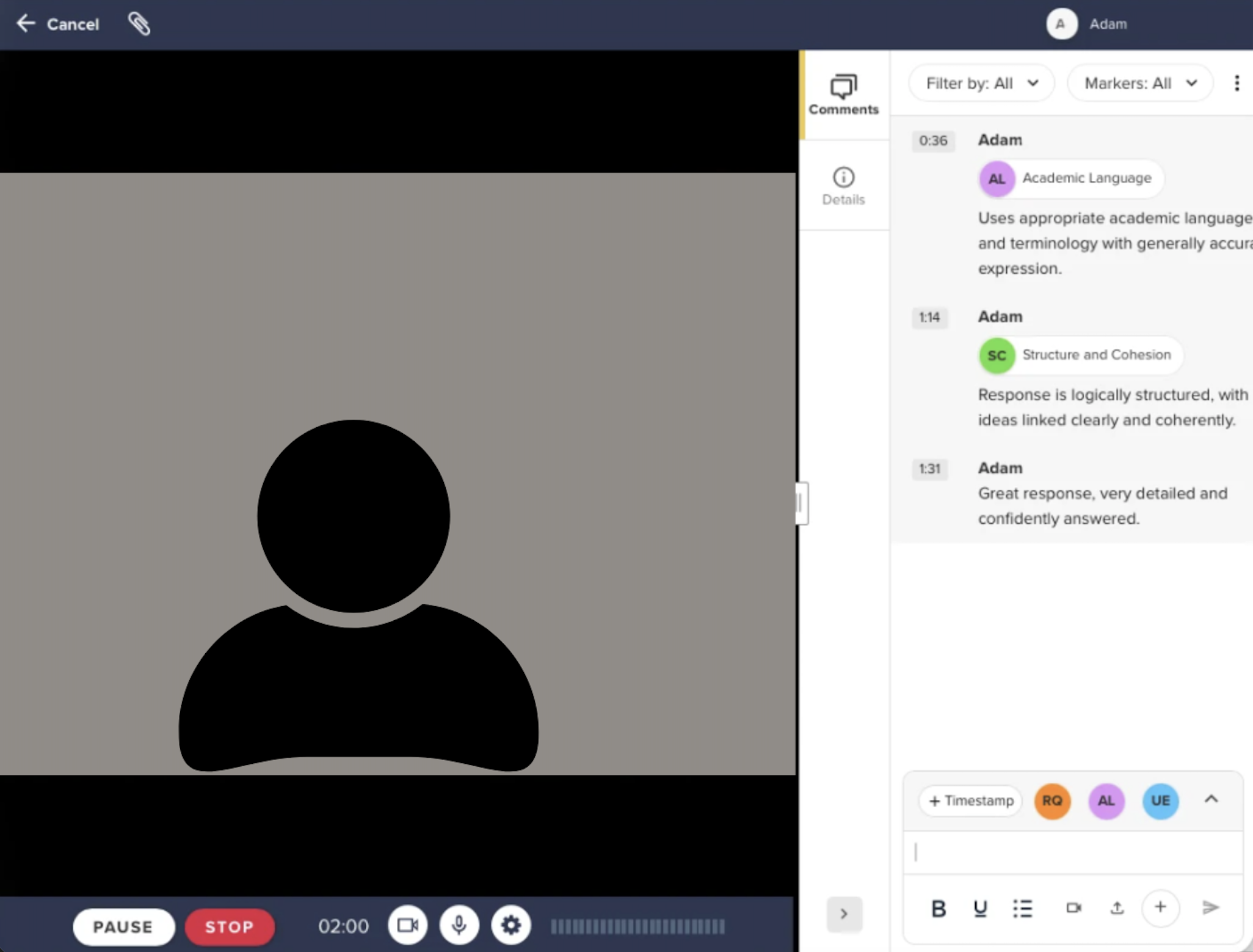 Example of GoReact assessment window. Left half of screen is participant video, the right half containing timestamped markers and instructor comments. Video controls appear at the bottom of the participant video. 