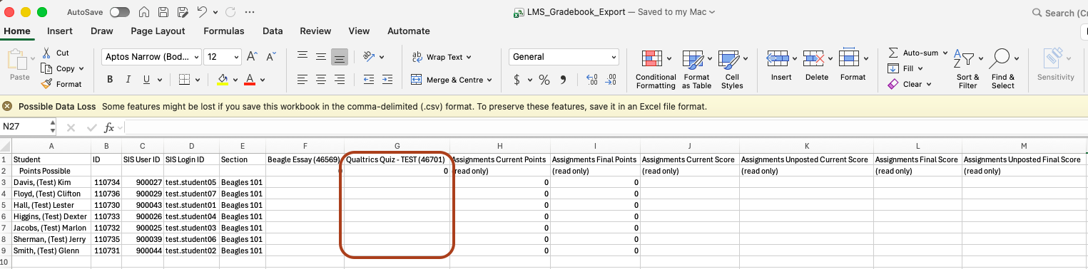 LMS Gradebook CSV Export: Relevant assessment column to paste scores Screenshot of an exported LMS gradebook file with the corresponding assessment column highlighted.