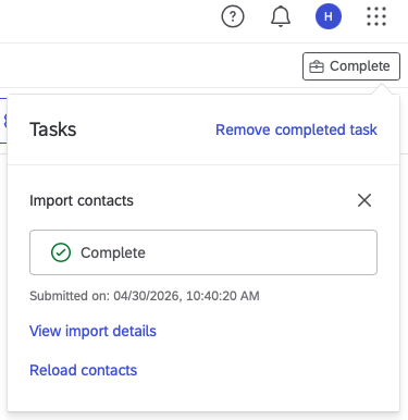 Qualtrics contact list import progress Screenshot of the Qualtrics interface showing a task progress indicator confirming completion of a contact list import