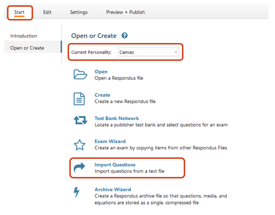 Import Questions in Respondus 4.0 software The Start tab in Respondus 4.0 showing options to select the correspondence LMS and import questions.