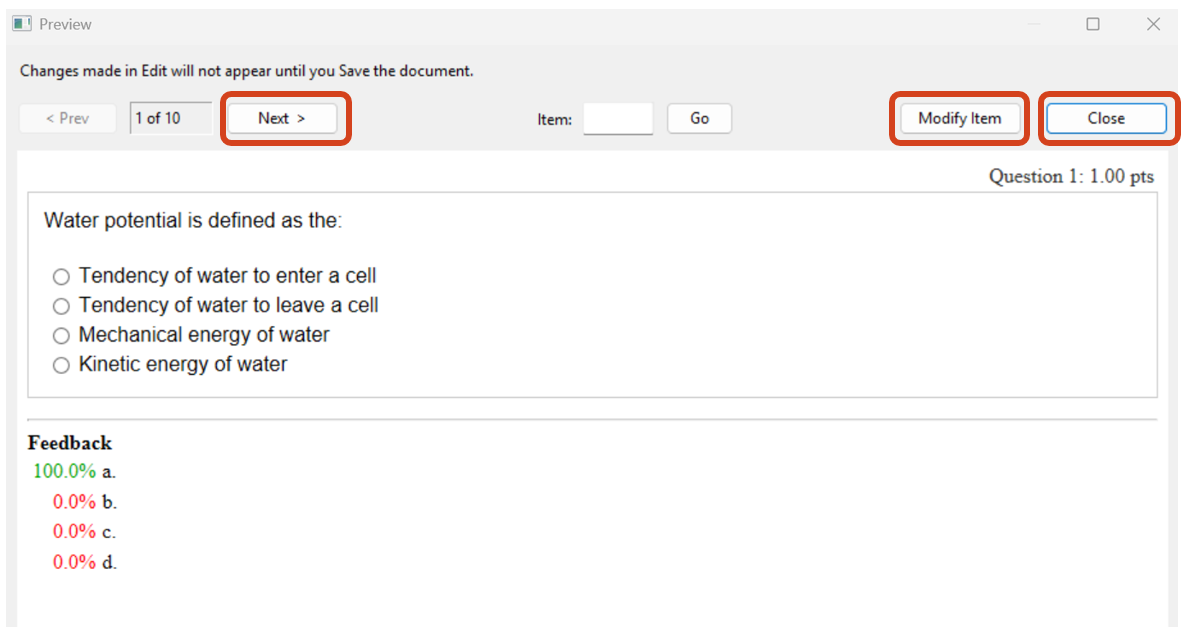 Previewing individual questions Previewing individual question screen showing options to move between the questions, modify each questions item or close the preview window.