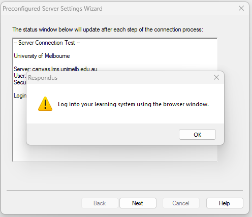 Log in to learning management system A pop-up window prompting you to log in to learning management system using the browser window.