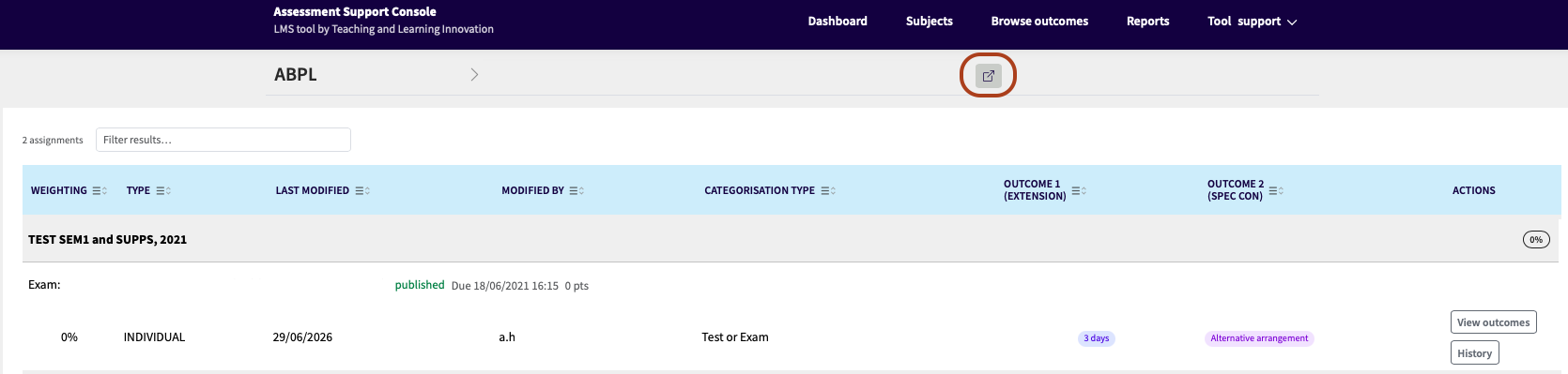 Screenshot of a subject assignment in the Assessment Support Console showing assignment details, categorisation type, outcomes and action buttons.