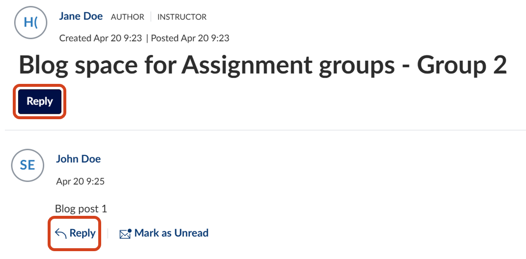 A Canvas Discussion activity organised for student groups displays an option for students to reply to the main discussion post and an option to reply to the individual discussion thread.