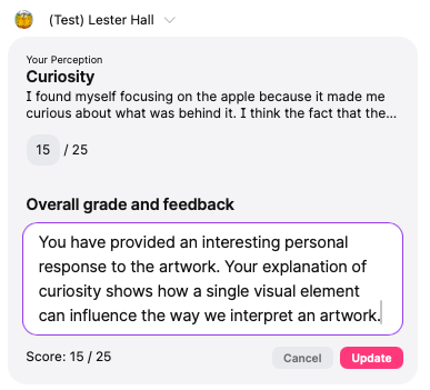 Screenshot of the grading and feedback area for an individual student within Padlet Gradebook.