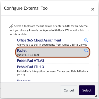 Screenshot of the Configure External Tool pop-up, with &lsquo;Padlet&rsquo; highlighted for selection.
