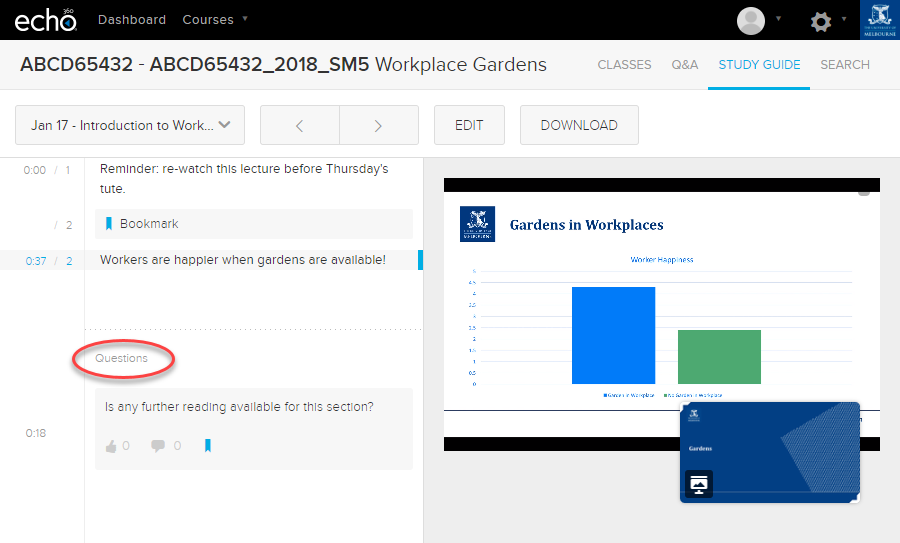 Notes, bookmarked content and bookmarked questions shown in Lecture Capture Study Guide section