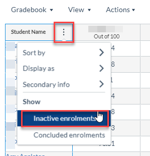 Choosing to show or hide inactive users in Grades