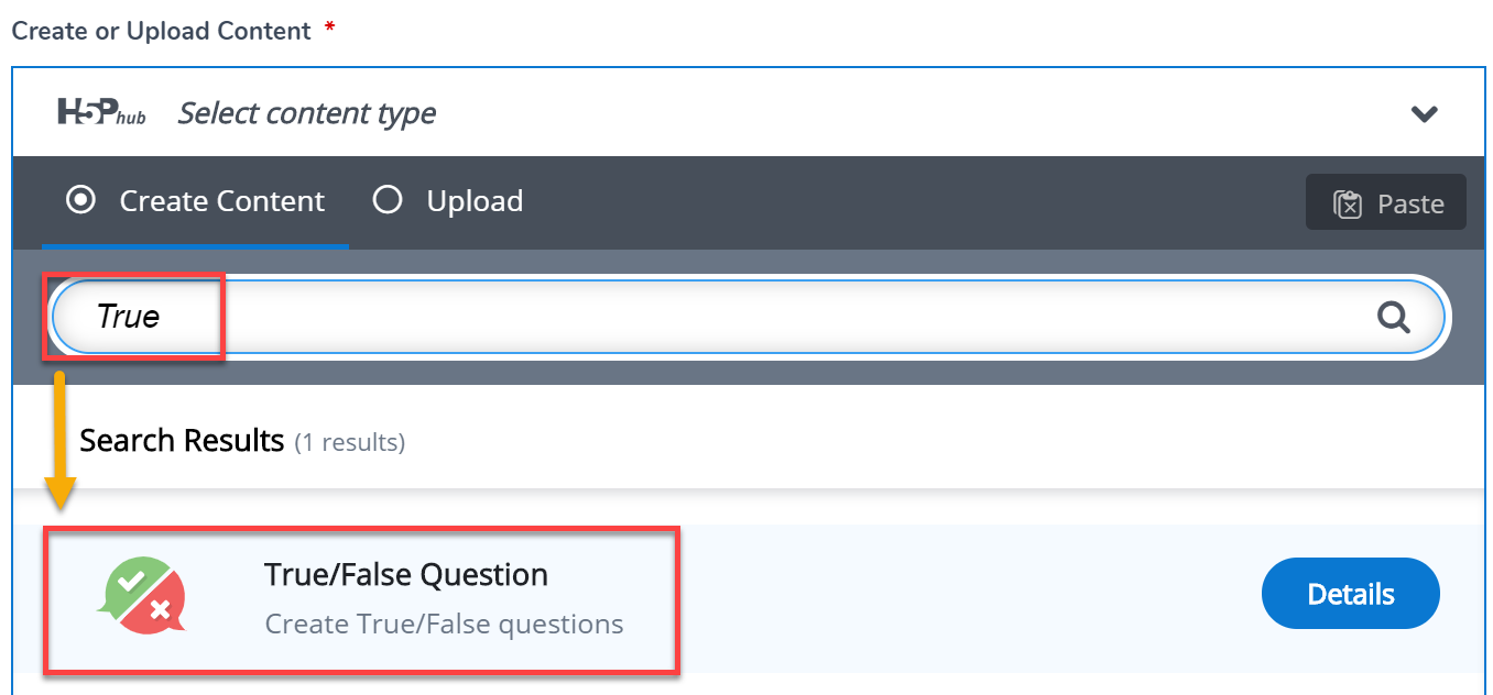 Selecting a H5P content question