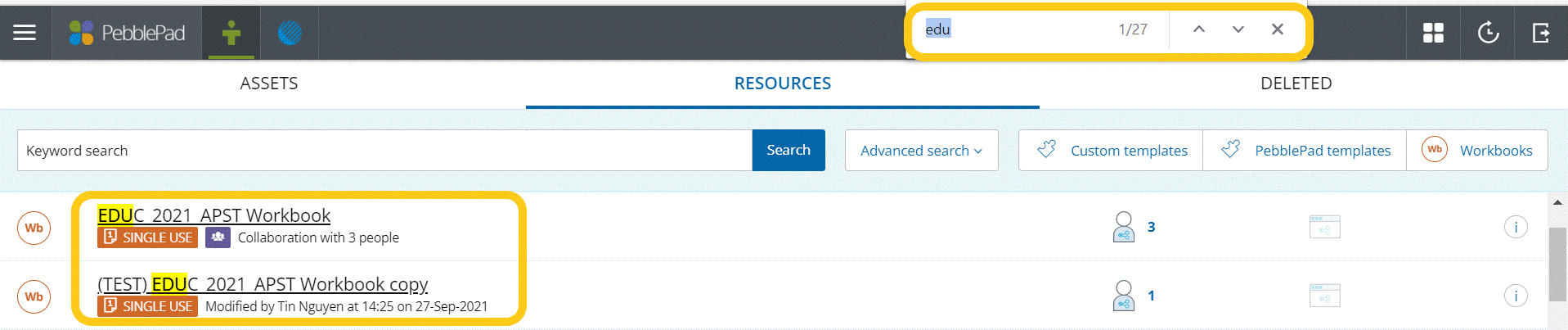 Ctrl F search for “edu” in the Resources Store on PebblePad