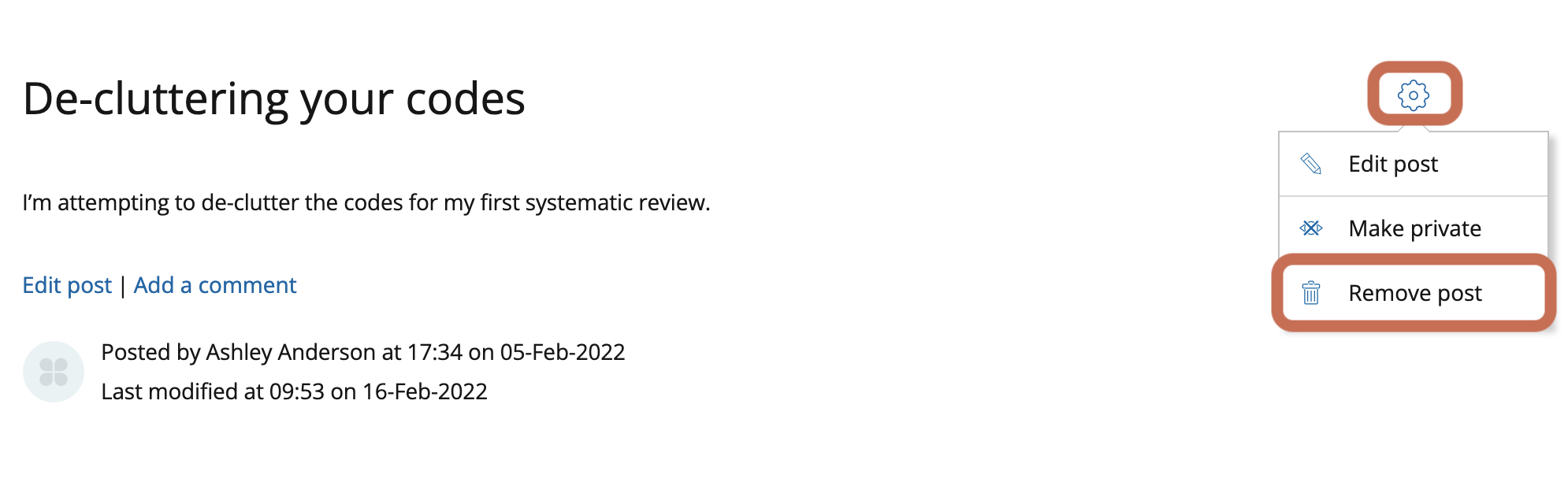 In the Settings menu, select "Remove post"