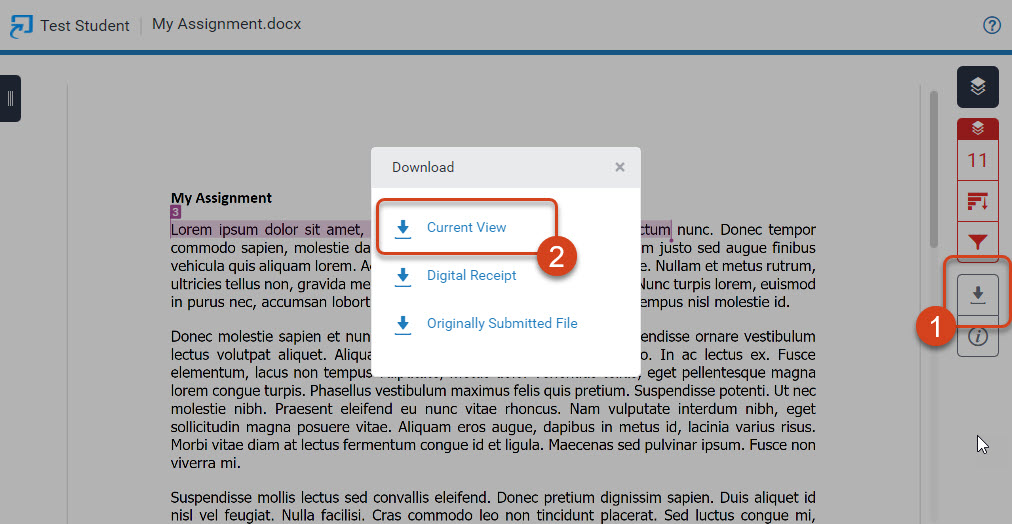 Download icon in Feedback Studio (1) and window showing options for download (2) Options for download in Feedback Studio
