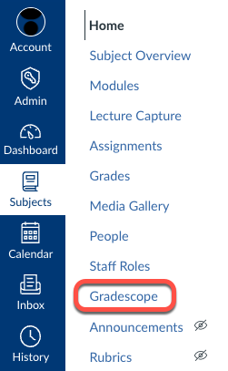Gradescope in the subject navigation menu