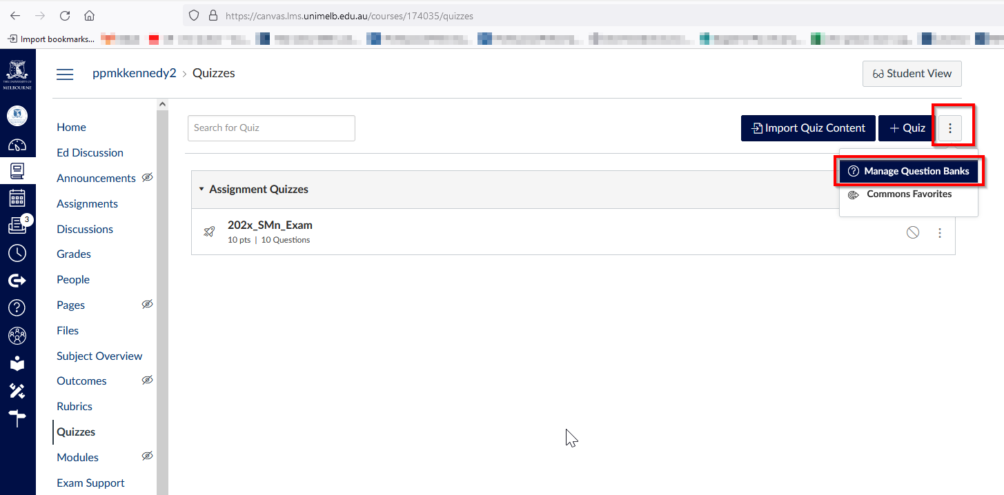 Manage Question Banks in the Quizzes page in the Canvas LMS Subject