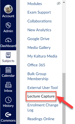 Click Lecture Capture in the subject navigation menu