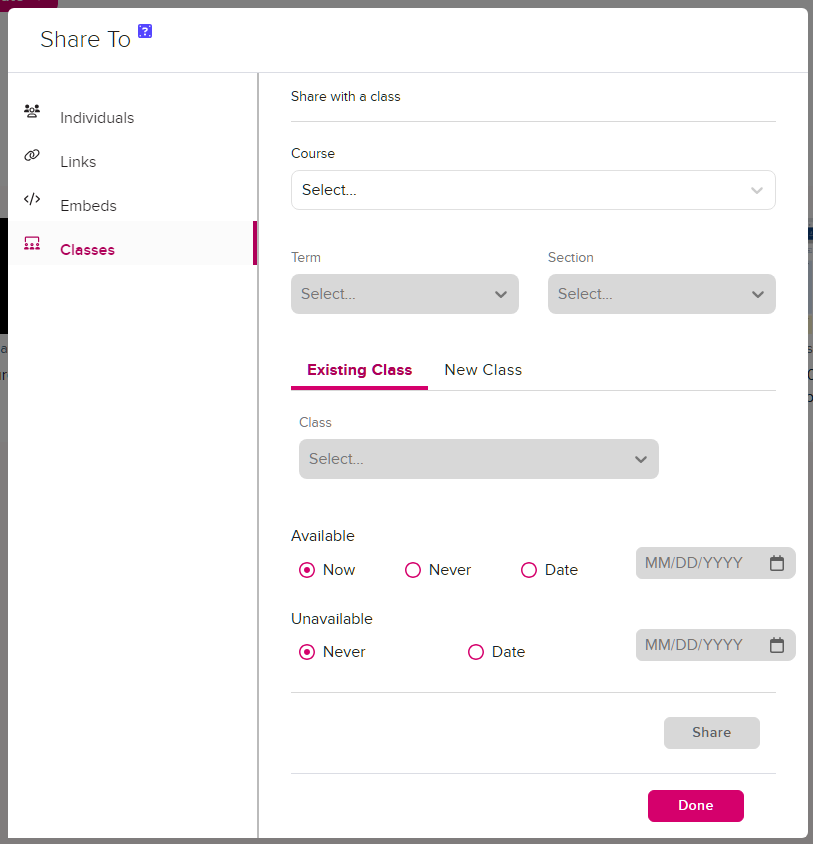 Share media to a Class Share settings