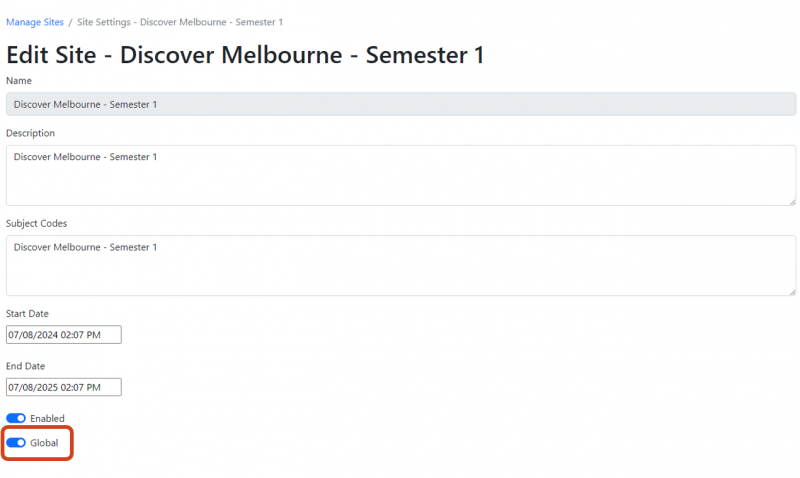 Global Site toggle