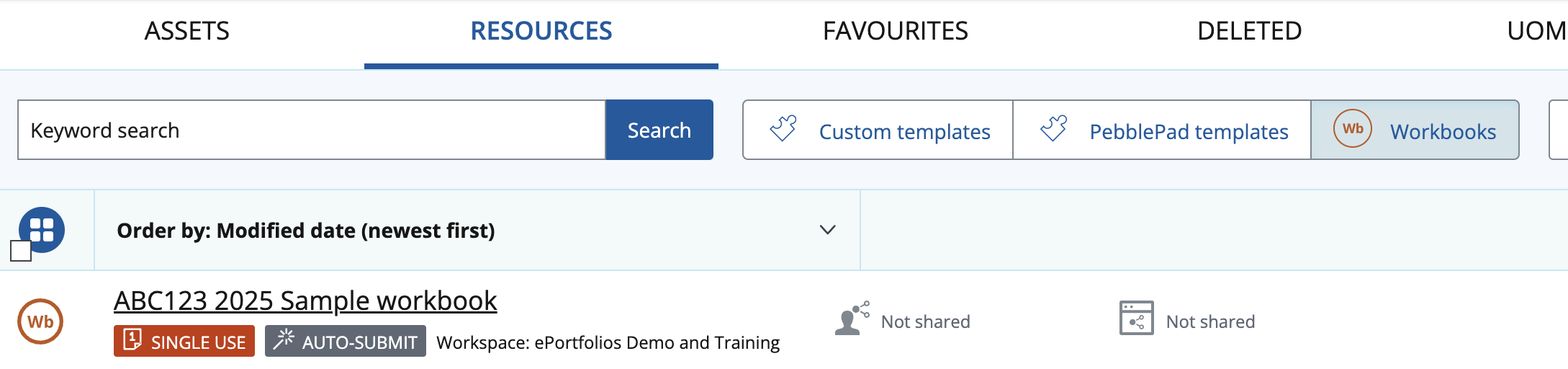 Sample workbook available within the Resources store : Screenshot image of Resources tab in the Resources store and various options in banners underneath for Keyword search, templates or workbooks sorting buttons, and and ‘Order by:’ sorting list