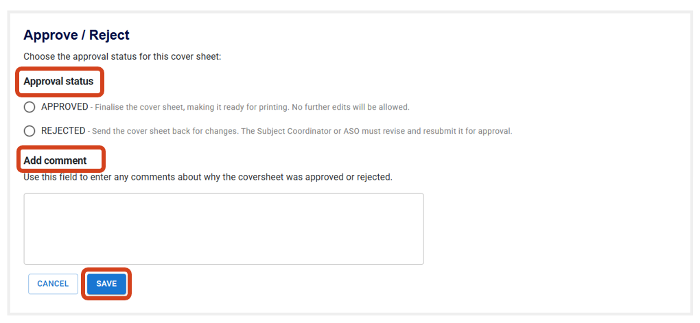 Approve or reject the submitted exam cover sheet