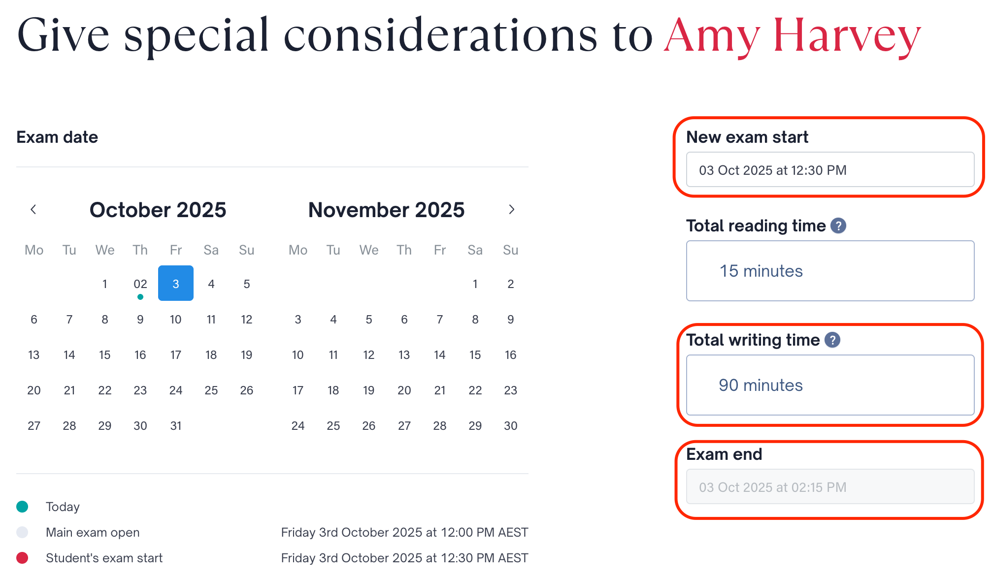 The screen shows special considerations for an individual student. The new exam start, total writing time, and exam end times have been highlighted. 