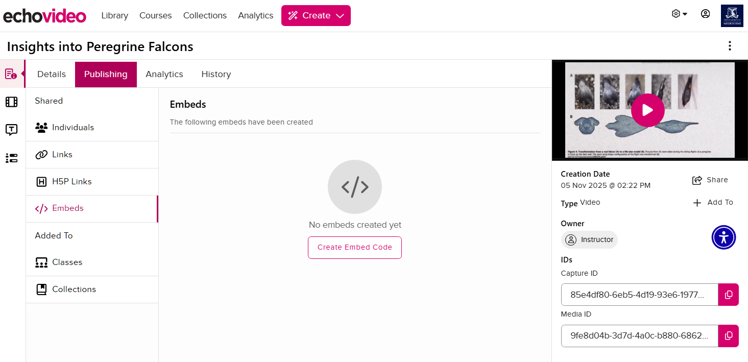 Media Publishing: Embeds The Publishing tab for an EchoVideo media file, with the Emebds menu selected. In the center of the page, there is the option for users to Create Embed Code.