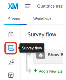 Select Survey flow from Qualtrics survey menu Qualtrics survey menu showing different options with the Survey flow being selected