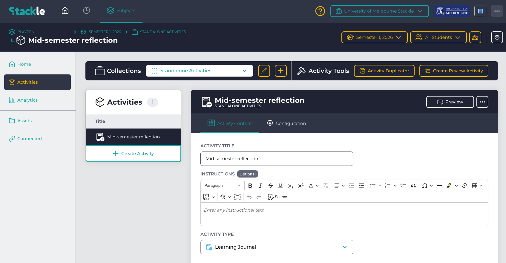 Adding instructions for students Screenshot of the edit page for a Stackle activity where instructions for students can be added.