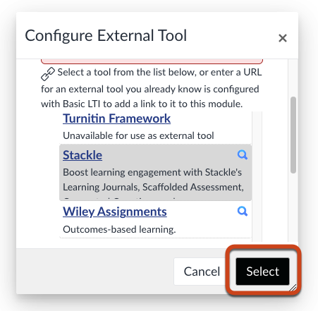 Screenshot of the Configure External Tool modal in Canvas Assignments with the Select button highlighted