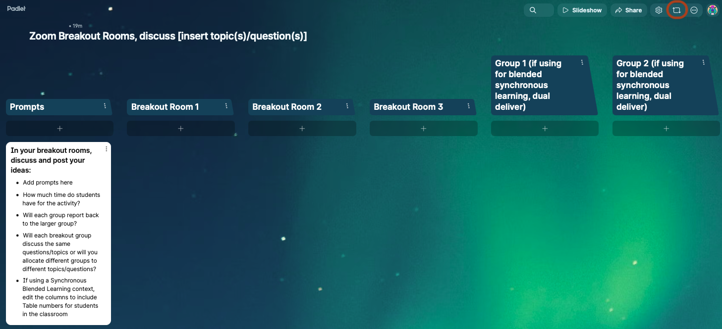Screenshot of a Padlet wall using a Zoom breakout room template in column layout, with sections for Prompt, Breakout Rooms, and Groups.