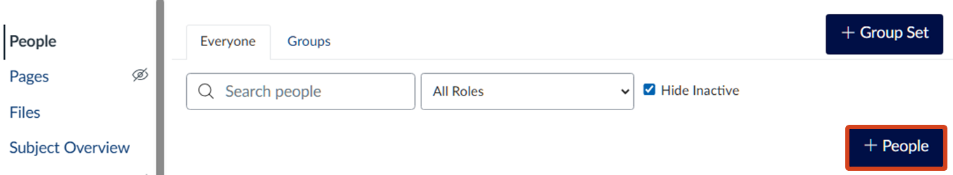 Screenshot of an LMS Community&rsquo;s People page. On the left-hand side there is the subject navigation menu. In the center of the page is a Search people bar with a filter for role-type. On the right-side there is a highlighted +People button.
