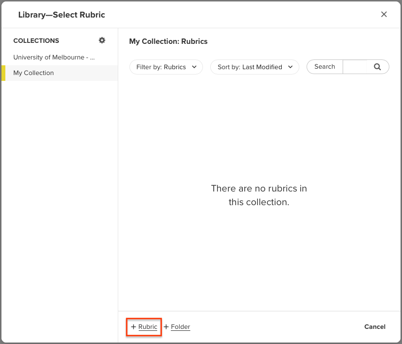 The rubric library screen is shown, with Collections on the left hand side and My Collection: Rubrics on the right hands side. Filters include Filter by, Sort by and a search function within this section