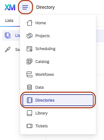 Qualtrics: Directories Screenshot of the Qualtrics interface showing the left navigation menu, with a highlight indicating the “Directories” option.